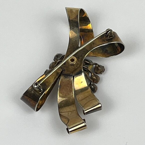 Vintage 1940s Gold Over Sterling Aqua Blue Stone Ribbon Bow Brooch - Picture 5 of 9